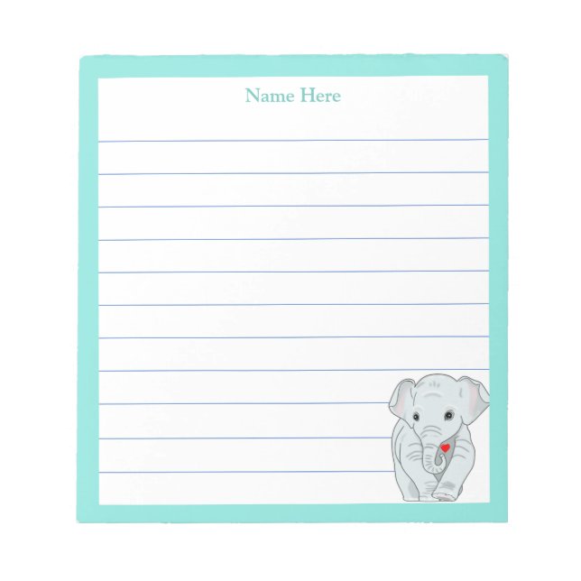 Cute Elephant with Turquoise Frame Lined Notepad (Front)