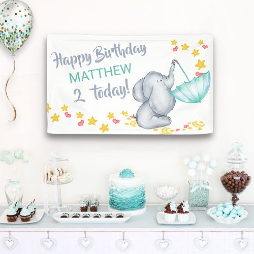 Cute Elephant with Umbrella Boys Birthday Party Banner