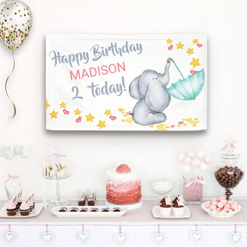 Cute Elephant with Umbrella Girls Birthday Party Banner