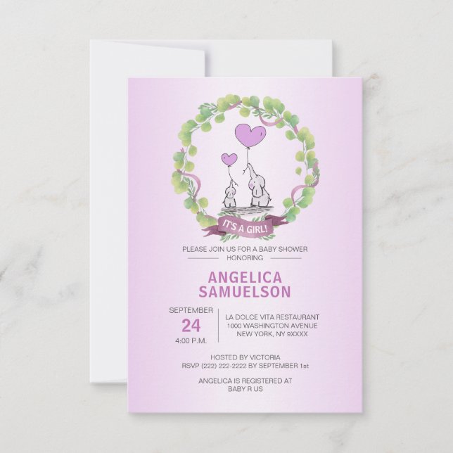 Cute Elephant Wreath Purple Lavender Baby Shower Invitation (Front)