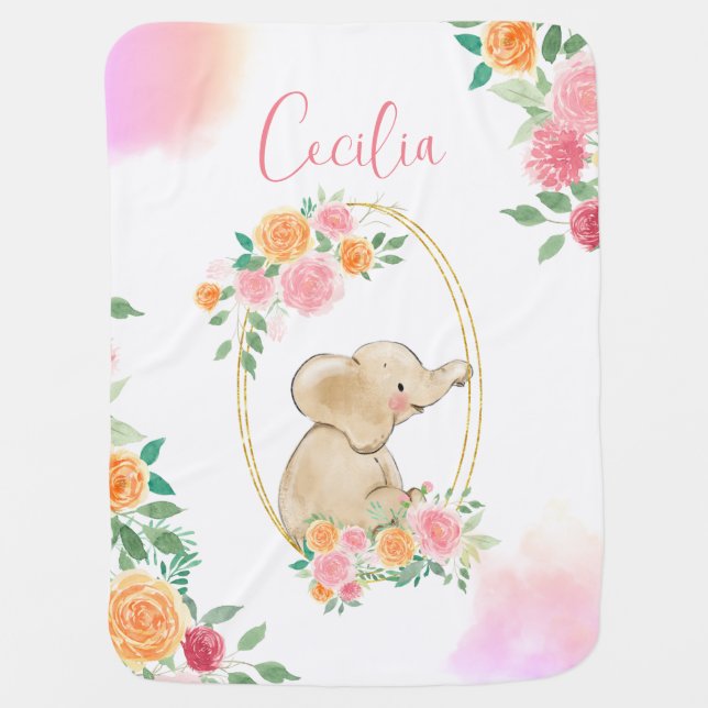 Cute Elephant Wwatercolor Floral Baby Girl Baby Blanket (Front)