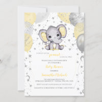 Cute Elephant Yellow Balloons Baby Shower Invitation