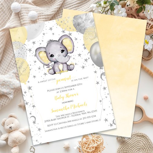 Cute Elephant Yellow Balloons Baby Shower Invitation