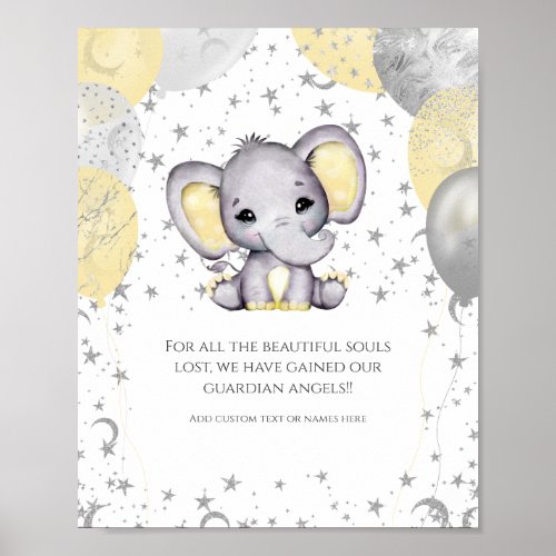 Cute Elephant Yellow Balloons Baby Shower Memorial Poster