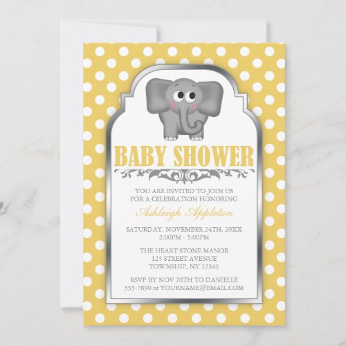 Cute Elephant Yellow Polka Dot Baby Shower Custom Invitations