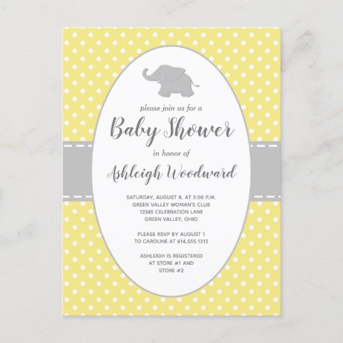 Cute Elephant Yellow Polka Dot Neutral Baby Shower Invitation Postcard