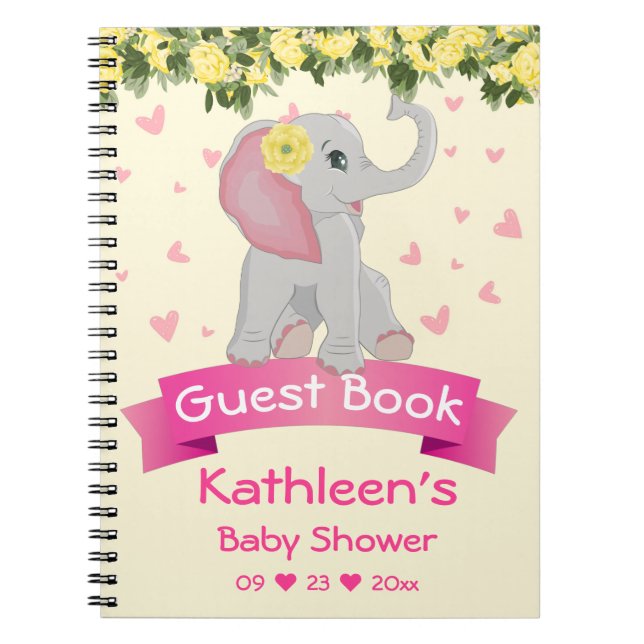 Cute Elephant Yellow roses Baby Shower Guest Book (Front)