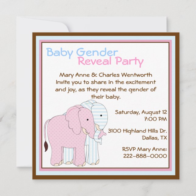 Cute Elephants Baby Gender Reveal Party Invitation (Front)