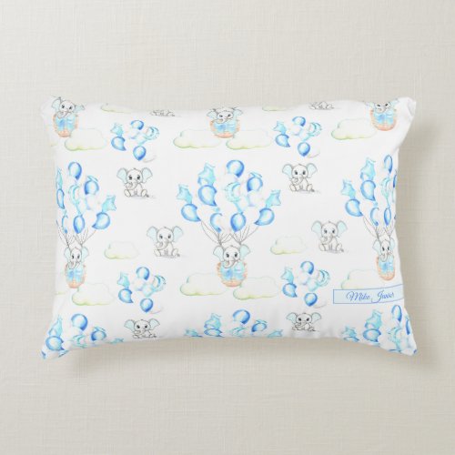 Cute Elephants Balloons  Clouds Baby Boy Pattern Accent Pillow