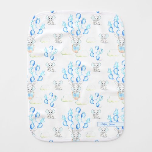 Cute Elephants Balloons  Clouds Baby Boy Pattern Baby Burp Cloth