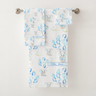 Cute Elephants Balloons & Clouds Baby Boy Pattern Bath Towel Set