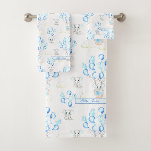 Cute Elephants Balloons  Clouds Baby Boy Pattern Bath Towel Set