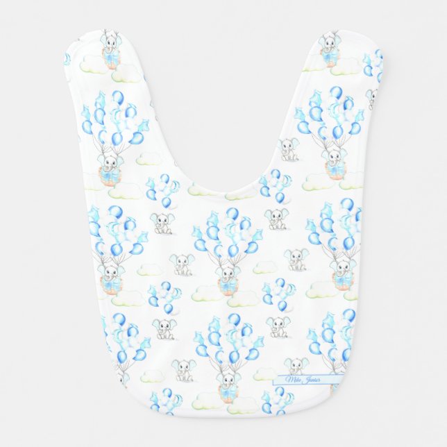 Cute Elephants Balloons & Clouds Baby Boy Pattern Bib (Front)