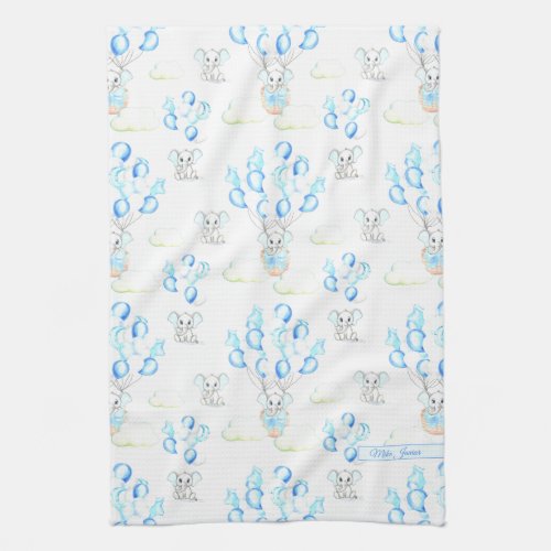 Cute Elephants Balloons  Clouds Baby Boy Pattern Kitchen Towel