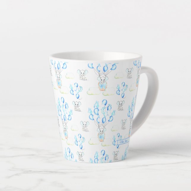 Cute Elephants Balloons & Clouds Baby Boy Pattern Latte Mug (Right Angle)