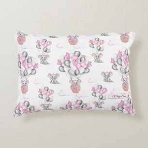 Cute Elephants Balloons & Clouds Baby Girl Accent Pillow