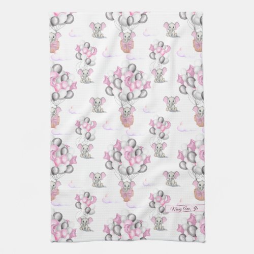 Cute Elephants Balloons  Clouds Baby Girl Kitchen Towel