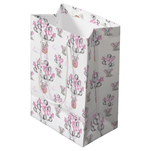 Cute Elephants Balloons & Clouds Baby Girl Medium Gift Bag (Front Angled)
