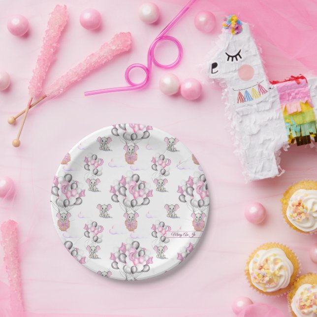 Cute Elephants Balloons & Clouds Baby Girl Paper Plates (Party)