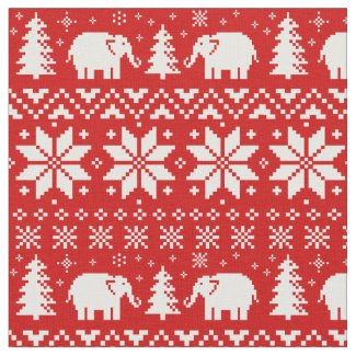 Cute Elephants Christmas Holiday Pattern Red Fabric
