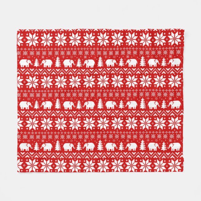 Cute Elephants Christmas Holiday Pattern Red Fleece Blanket (Front (Horizontal))