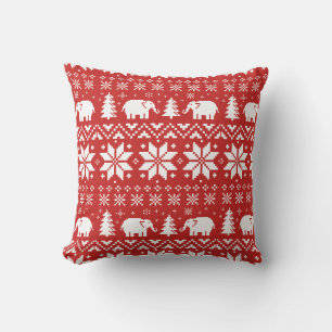 Cute Elephants Christmas Holiday Pattern Red Throw Pillow