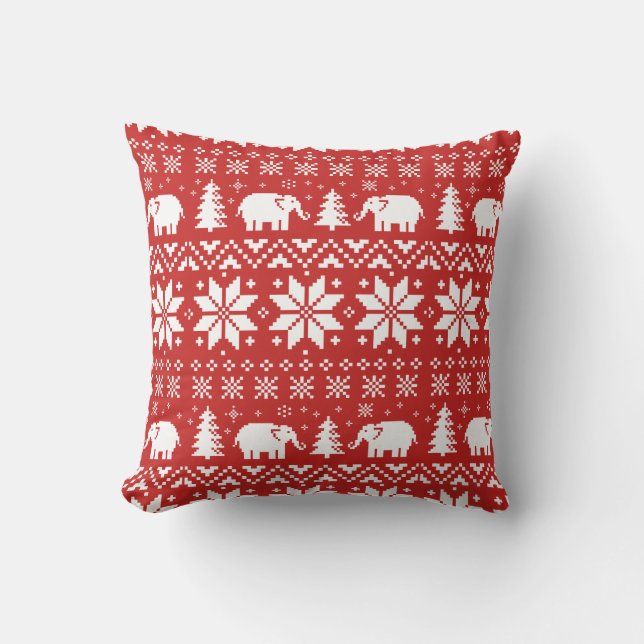 Cute Elephants Christmas Holiday Pattern Red Throw Pillow (Front)