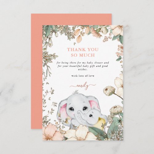 Cute Elephants Foliage Coral Baby Shower Thank You Card