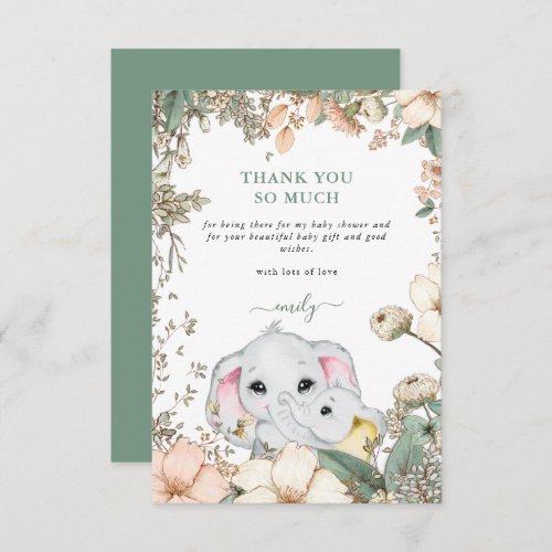 Cute Elephants Foliage Sage Green Baby Shower Thank You Card