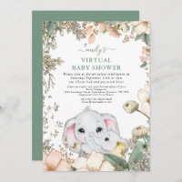 Cute Elephants Foliage Sage Virtual Baby Shower Invitation