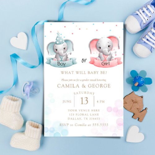cute elephants gender reveal baby shower invitation