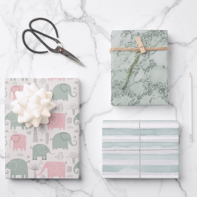 Cute Elephants Hand Drawn Gift Wrapping Paper Sheets (Front)