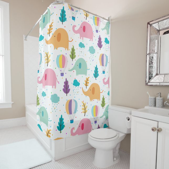 Cute elephants hot-air balloons and leaves pattern shower curtain (In Situ)