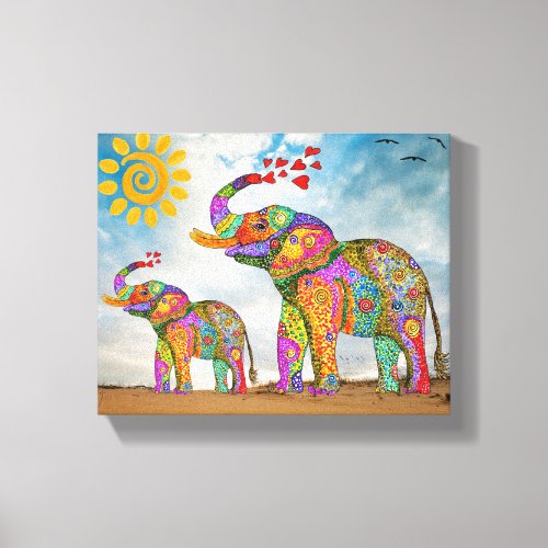 Cute Elephants in the Desert Wrapped Canvas 8X10