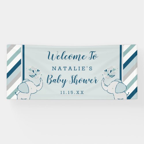 Cute Elephants Navy  Mint Baby Shower Welcome Banner