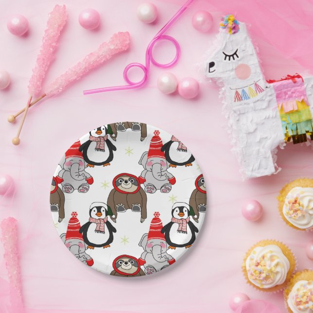 Cute elephants, penguin and sloths pattern  paper plates (Party)