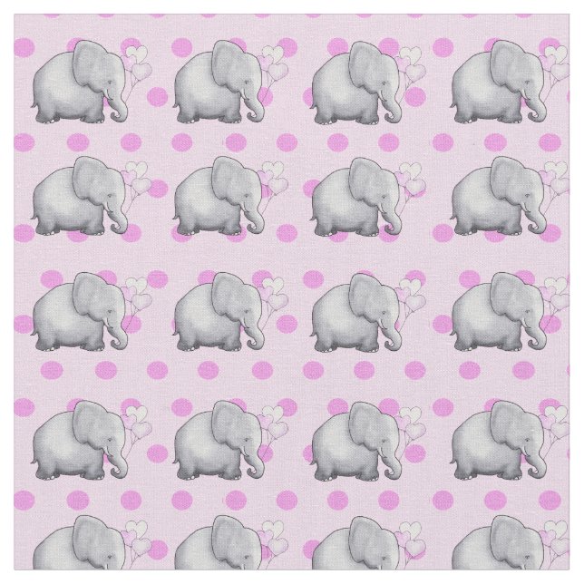 Cute Elephants Pink Polka Dots Baby Girl's Fabric (Close Up)