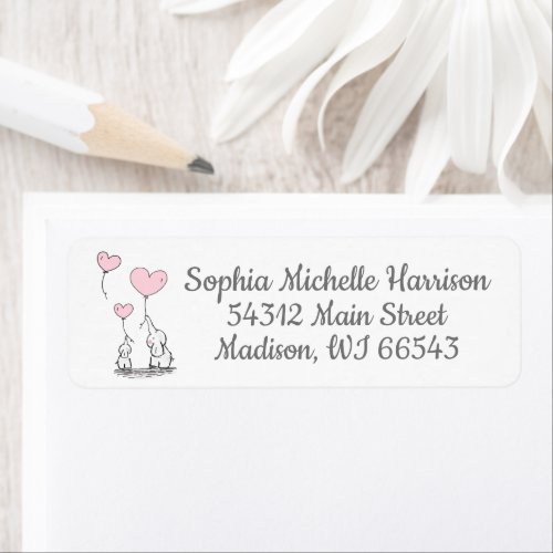 Cute Elephants  Pink  White Heart Balloons Label