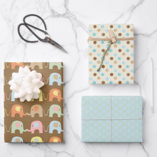 Cute Elephants Polka Dots Brown Blue Baby Shower Wrapping Paper Sheets