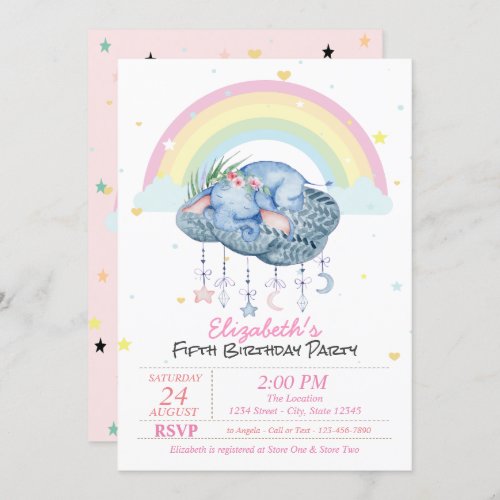 Cute Elephants Rainbow Stars Birthday Invitation
