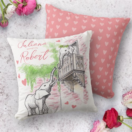 Cute Elephants Romeo and Juliet Romantic Love Name Throw Pillow