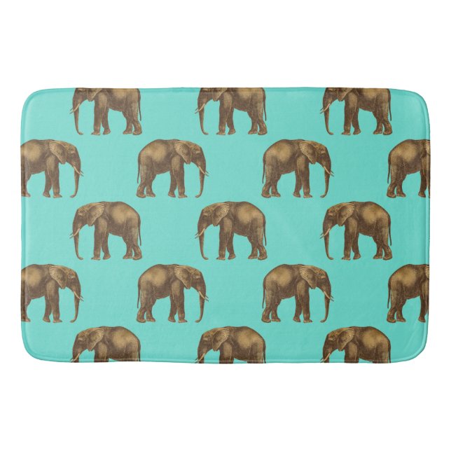 Cute elephants teal and golden brown bath mat (Front)