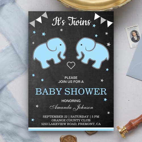 Cute Elephants Twin Boys Baby Shower Invitation