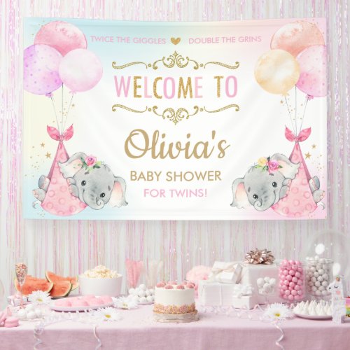 Cute Elephants Twin Girls Baby Shower Backdrop Banner