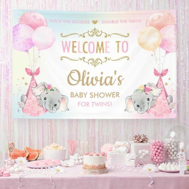 Cute Elephants Twin Girls Baby Shower Backdrop Banner (Party)