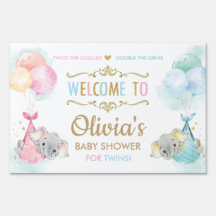 Cute Elephants Twins Boy Girl Baby Shower Welcome Sign