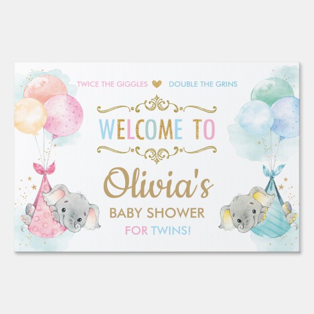 Cute Elephants Twins Boy Girl Baby Shower Welcome Sign (Front)