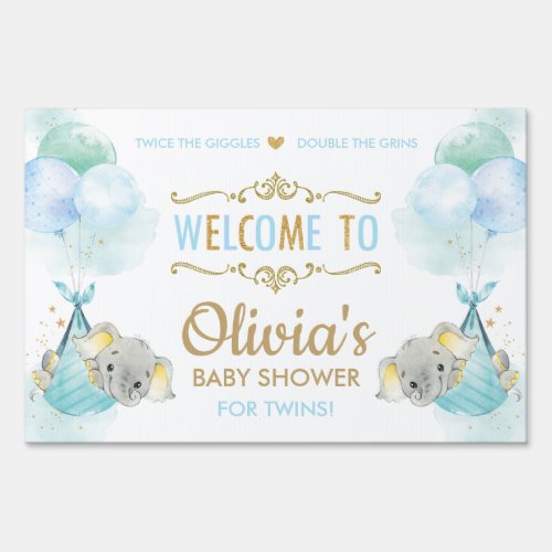 Cute Elephants Twins Boys Baby Shower Welcome Sign