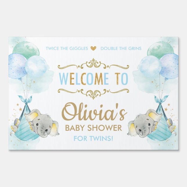Cute Elephants Twins Boys Baby Shower Welcome Sign (Front)