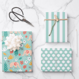Cute Elephants Wrapping Paper Set of 3